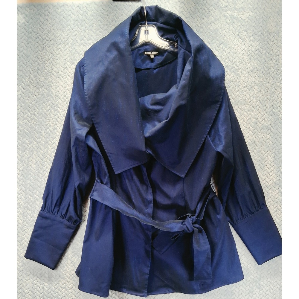 Samuel Dong Navy Blue Iridescent Portrait Collar Belted Jacket XL Elegant Sexy